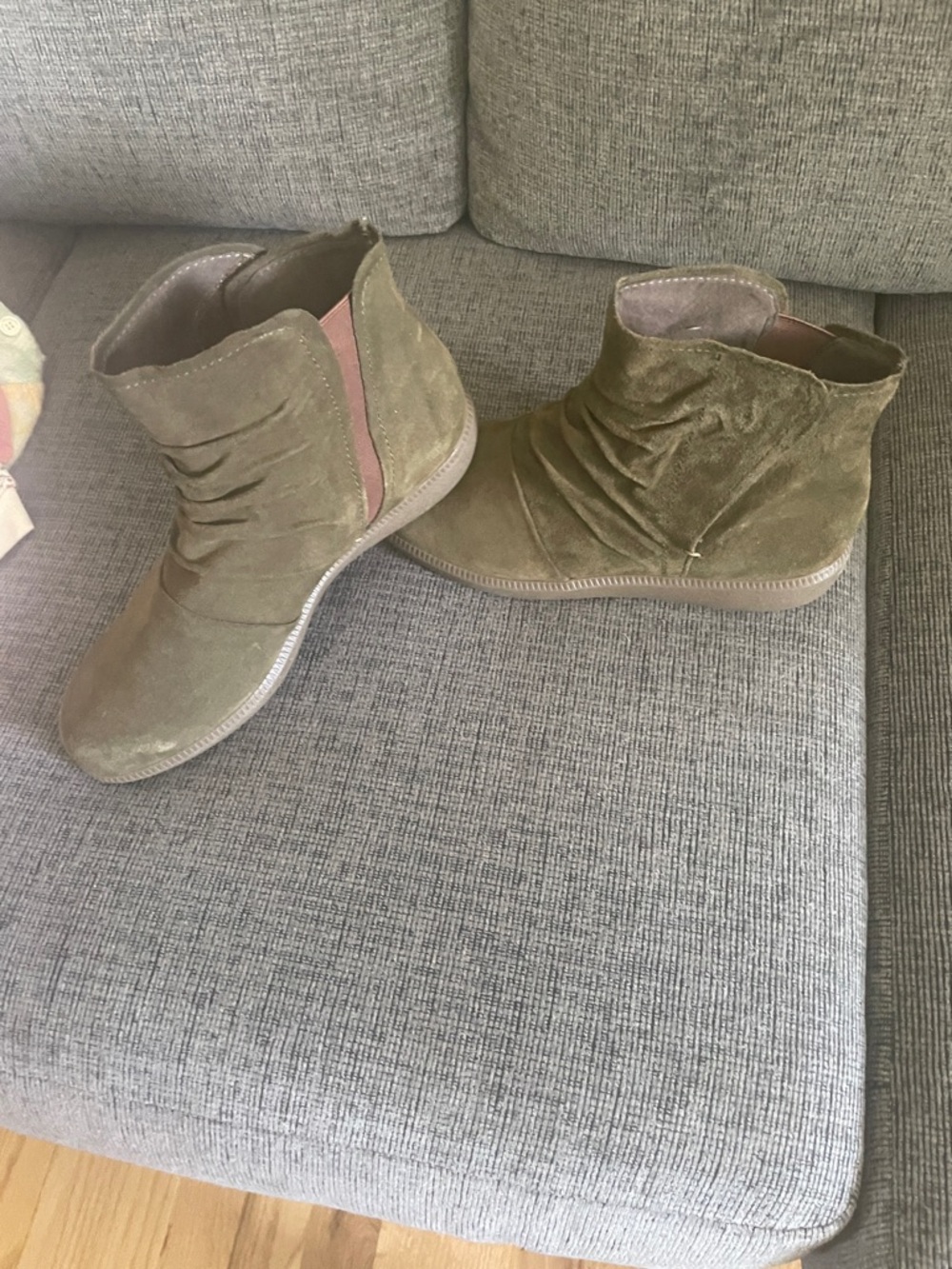 Munro Olive Suede Ruched Ankle Booties
